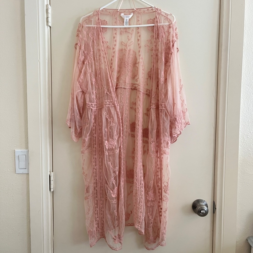 LC Lauren Conrad Floral Sheer Lace Kimono Top OS PInk Fairy Boho Cottage Dainty